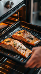 Culinary perfection in progress: hands carefully placing seasoned salmon fillets into a hot oven, the golden glow promising a delectable meal ahead.