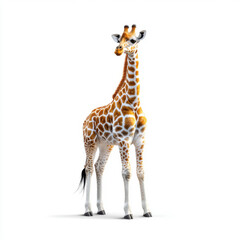 Obraz premium 3D illustration of a giraffe standing on a plain white background, showing detailed textures and lifelike proportions.