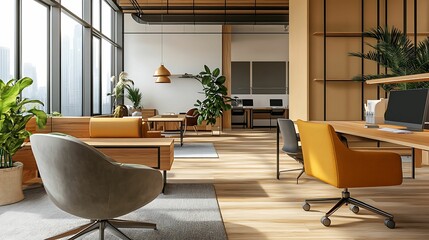 Modern office space featuring wooden accents, sleek furniture, large windows, and indoor plants, providing a bright and welcoming environment.