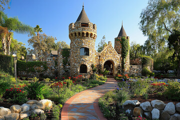 Wedding venue at enchanting fairytale castle with stone walls and blooming gardens