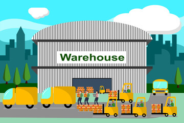 Industrial warehouse with storage buildings, forklifts and box loaders transporting goods to the warehouse. Concept of distribution and transportation of goods Vector illustration in flat style.
