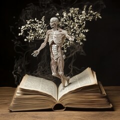 Fototapeta premium A lifelike representation of the human anatomy stands atop an open book, surrounded by ethereal flowers and wisps of smoke, symbolizing knowledge and nature’s beauty