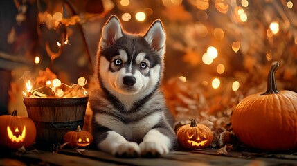 A cute husky puppy surrounded by glowing jack-o'-lanterns and warm Halloween lights, creating a festive and cozy autumn atmosphere.