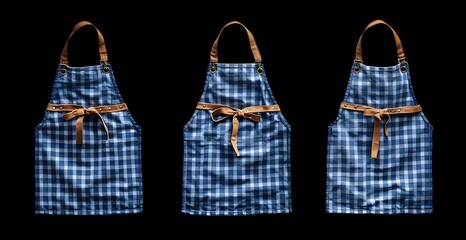 three vintage blue checkered aprons with brown leather straps, arranged side by side against a solid black background