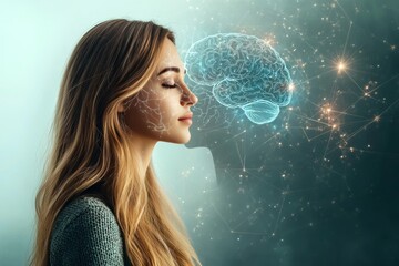 Naklejka premium Brain computer interface cortical maps brain optimization synaptic integration and neuroethics young woman with neon glowing brain neural patterns in futuristic digital art style