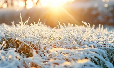 Chilly winter morning with frost-covered grass glistening in the sunlight, Video