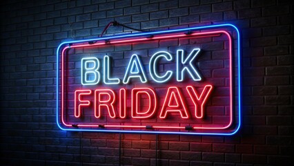 Fototapeta premium Neon Black Friday sign glowing in the dark on a brick wall, symbolizing the shopping event and big discounts.