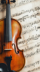 Fototapeta premium violin lies on top of sheet music filled with elegant musical notes