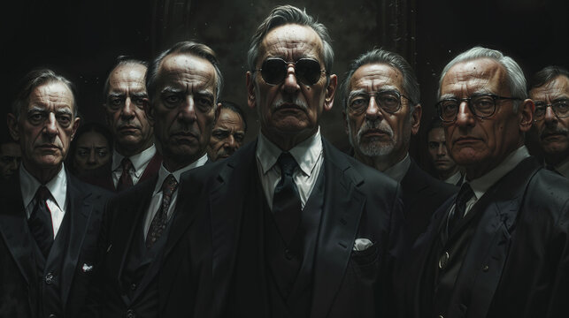 Stern elder statesmen in suits, grim expressions. Central figure with sunglasses exudes authority. Dark, moody atmosphere suggests power dynamics. Collective portrait of influential leaders