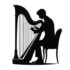 Silhouette of a harpist playing harp