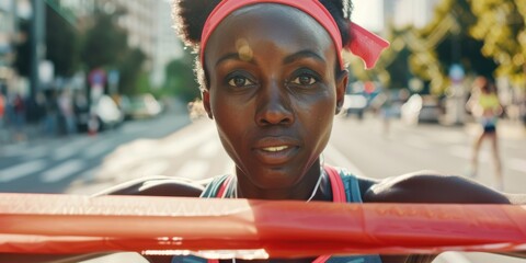 Close-up of a woman in athletic wear, crossing the finish line of a marathon with a triumphant expression