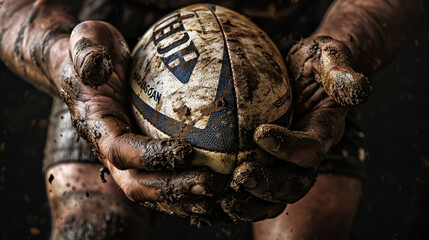 Hands of a rugby player holding a ball.