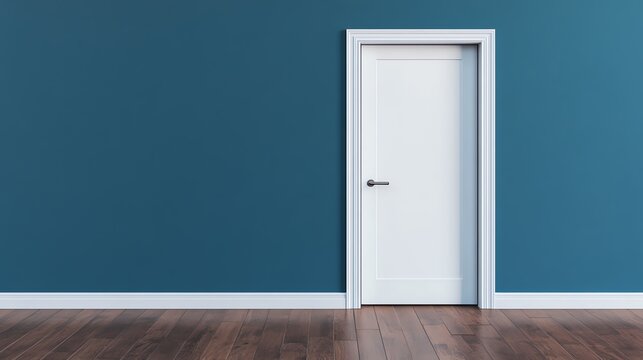 A modern white door set against a blue wall, featuring simple lines and a sleek handle, perfect for contemporary interior design.