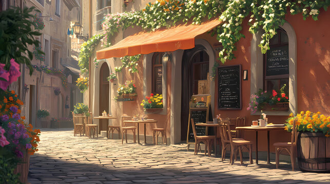 Coffee shop, bossa nova style, cute tables outside, cobblestone road, flowers, daytime, cinematic lighting, moody, realism. Realism. Illustration