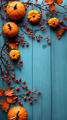 top view of autumn pumpkins on wooden background
