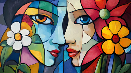 Obraz premium Colorful abstract painting of two faces with flowers in a cubist style. Cubist. Illustration