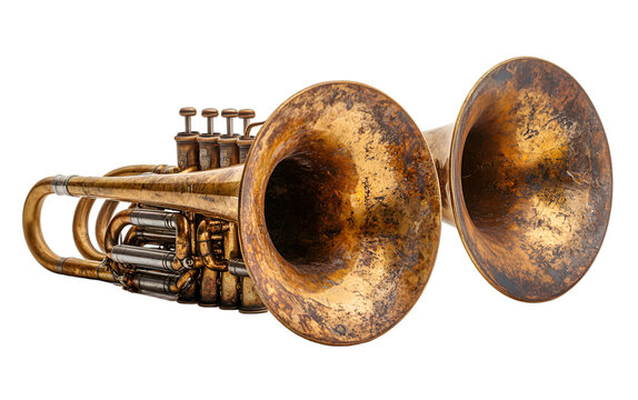 A pair of polished brass horns elegantly displayed against a sleek black background, highlighting their intricate design.