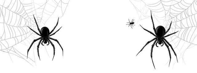 Black spiders with web isolated on transparent background. Halloween decoration element, spider net and horror concept.