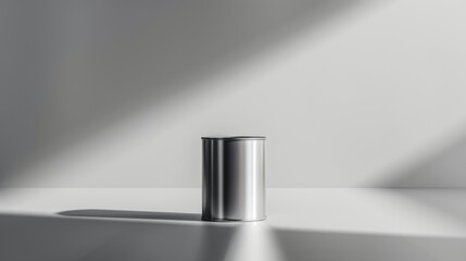 A silver canister stands alone on a clean white surface, illuminated by soft sunlight that casts delicate shadows, creating a serene atmosphere in the afternoon
