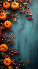 top view of autumn pumpkins on wooden table