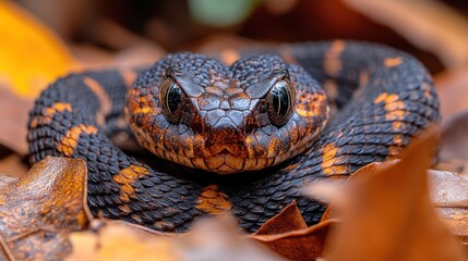 Fototapeta premium A close-up of a striking snake resting among autumn leaves.