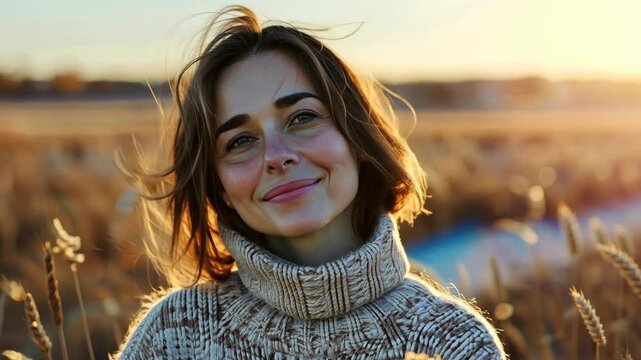 A woman enjoys a golden sunset in a field of tall grass during autumn while wearing a cozy sweater