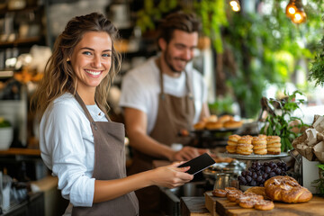A cheerful young female barista in a cozy bakery, dressed in a brown apron, smiles warmly while holding a payment card. 