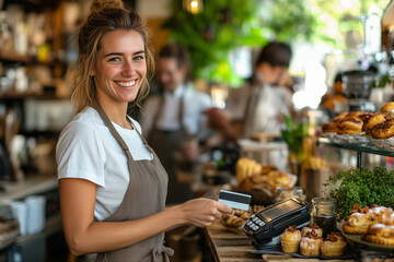 A cheerful young female barista in a cozy bakery, dressed in a brown apron, smiles warmly while holding a payment card. 