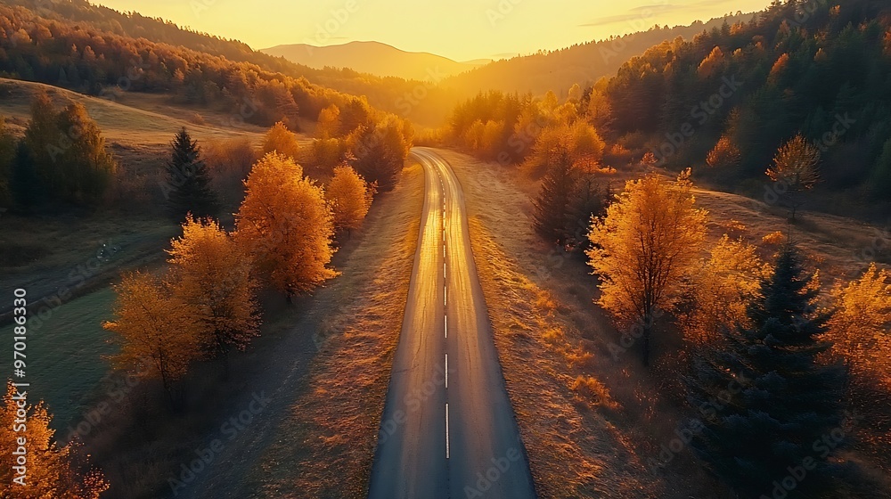 Poster aerial view of mountain road in forest at sunset in autumn top view from drone of road in woods beau