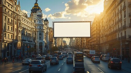 Blank advertising billboard mockup on a sunny street in madridsurrounded by historic architecture and urban traffic : Generative AI