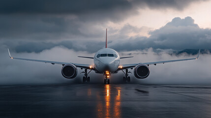 Obraz premium Front view of a passenger airplane preparing for takeoff amidst dark storm clouds, reflecting on a wet runway surface.