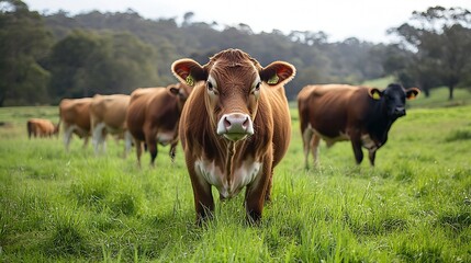 beautiful cattle in Australia  eating grass grazing on pasture Herd of cows free range beef being regenerative raised on an agricultural farm Sustainable farming : Generative AI