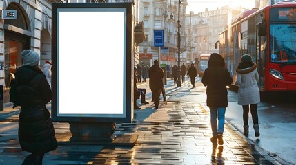 vertical Mockup billboard stands people walk and transport move in city blank white screen poster pedestrians walking and doubledecker red bus cars driving along town road Modern view  : Generative AI