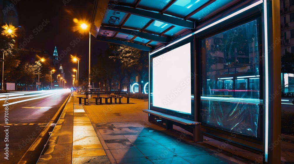 Poster concept of digital marketing in the city advertising billboard with white empty canvas on bus shelte
