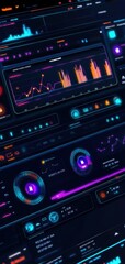 Obraz premium Futuristic data analytics dashboard with vibrant graphs and charts, showcasing advanced technology interfaces and neon colors.