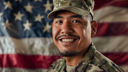 Fototapeta premium Smiling soldier in military uniform posing against American flag background for patriotic stock photo shoot