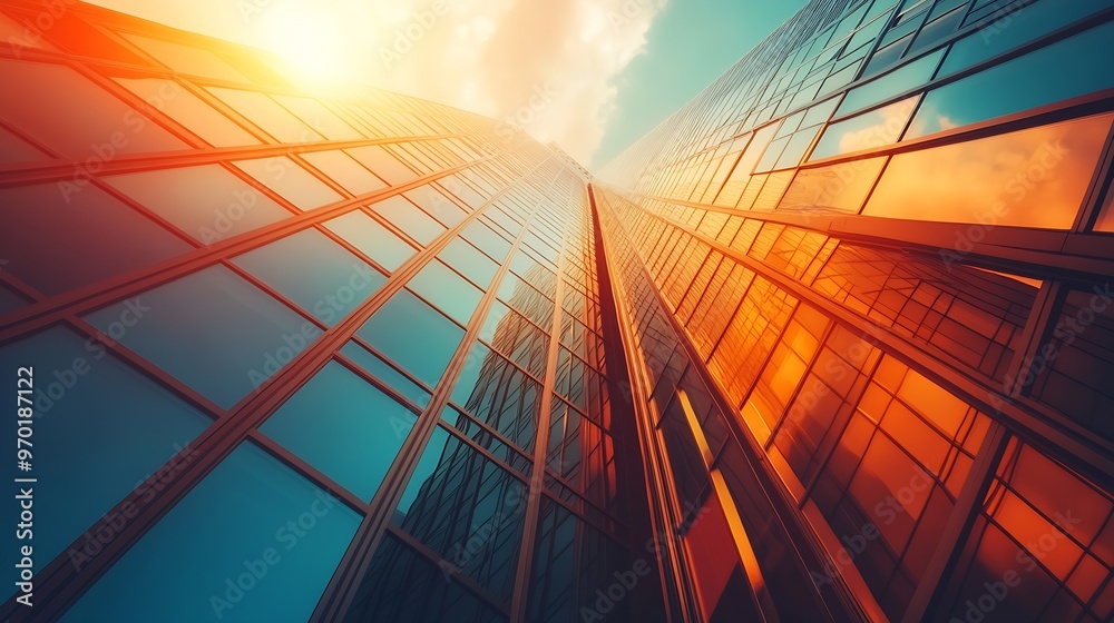 Aufkleber abstract architectural background vertical geometric shapes sun reflection : generative ai