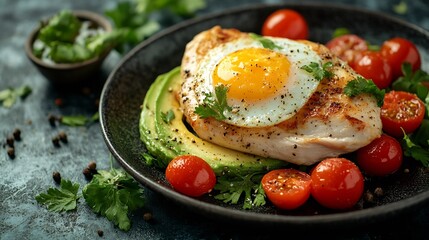 Ketogenic diet breakfast avocado eggs chicken fillet and cherry tomatoes Keto food concept Restaurant menu dieting cookbook recipe top view : Generative AI