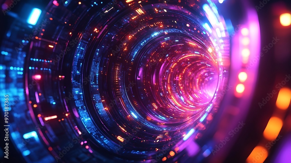 Aufkleber Colorful motion elements with neon led illumination Abstract futuristic background : Generative AI