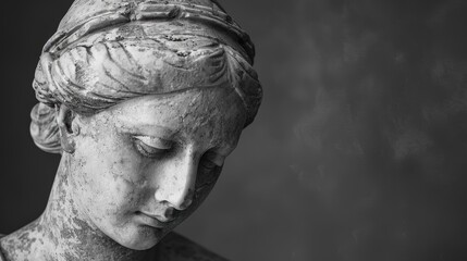 Weathered stone statue of a pensive woman