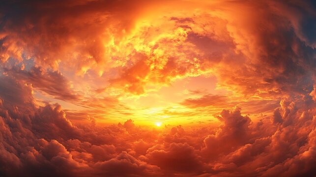 Golden glowing red orange overcast sunset sky panorama Hdr seamless spherical equirectangular 360 panorama Sky dome or zenith for 3D visualization and sky replacement for aerial drone  : Generative AI