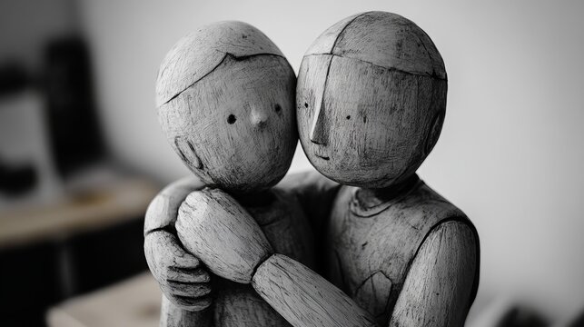 Two wooden drawing mannequins embracing each other in a heartfelt hug, symbolizing connection, warmth, and emotional support in human relationships, showcasing affection, closeness, and mutual care