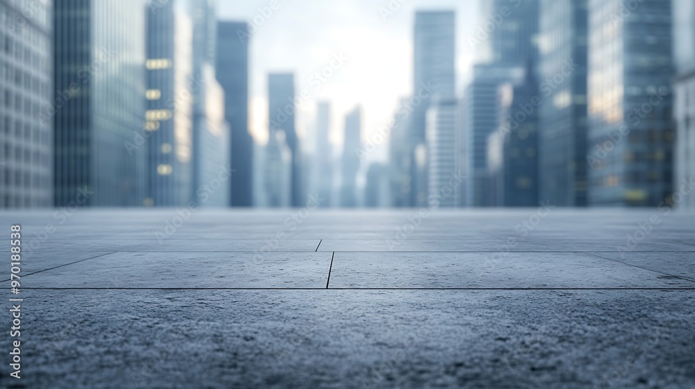 Poster empty concrete floor in front of modern buildings in the downtown street : generative ai