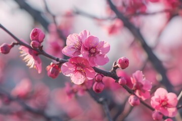 Obraz premium Blooming pink cherry blossoms on tree branch