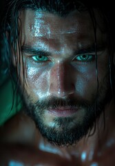 Obraz premium Intense gaze of a man with striking green eyes