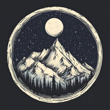 A Nighttime Mountain Landscape with a Full Moon and Stars