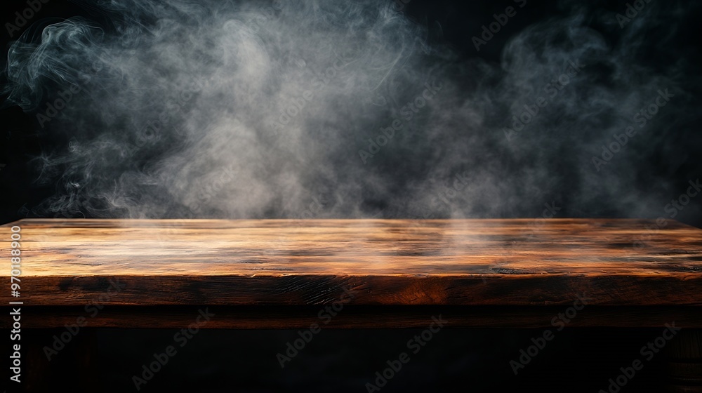 Fototapete empty wooden table with smoke float up on dark background Empty Space for display your products : Generative AI