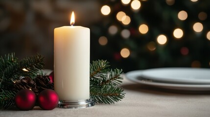 cozy christmas table setting with candle and ornaments