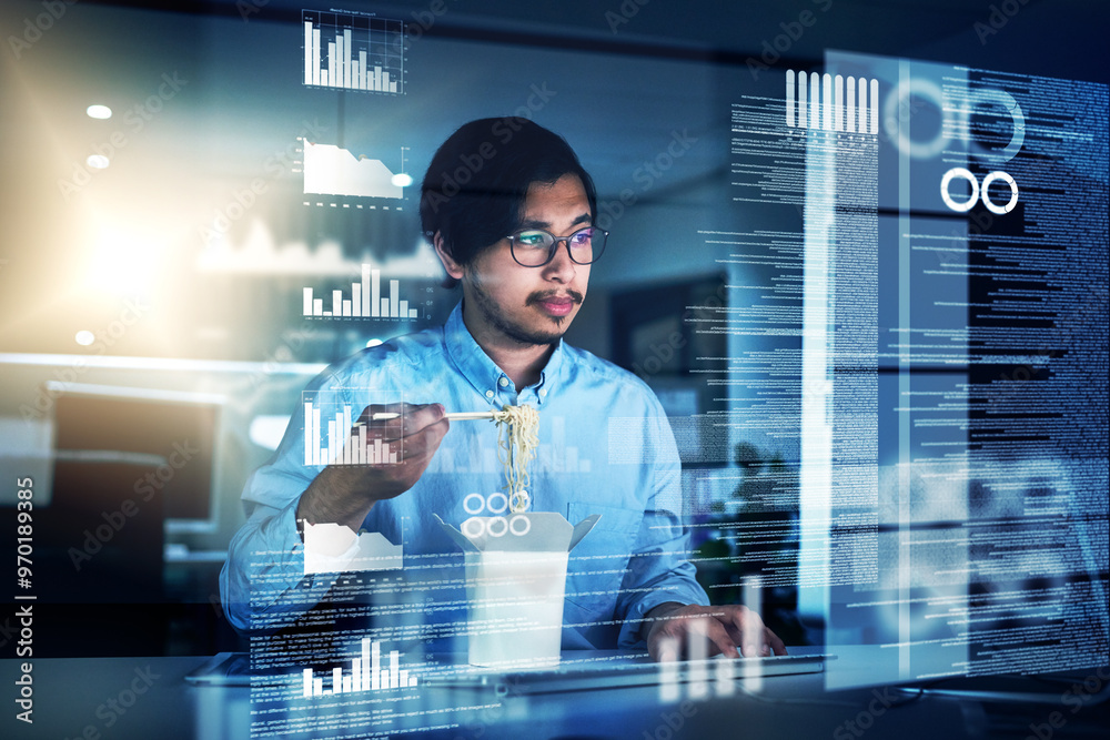 Poster Asian man, data scientist and programming code in typing for innovation or web research. Computer engineering, tech and cybersecurity in blockchain, overlay or futuristic at night with eating noodles