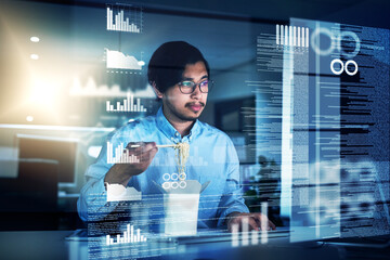 Asian man, data scientist and programming code in typing for innovation or web research. Computer engineering, tech and cybersecurity in blockchain, overlay or futuristic at night with eating noodles